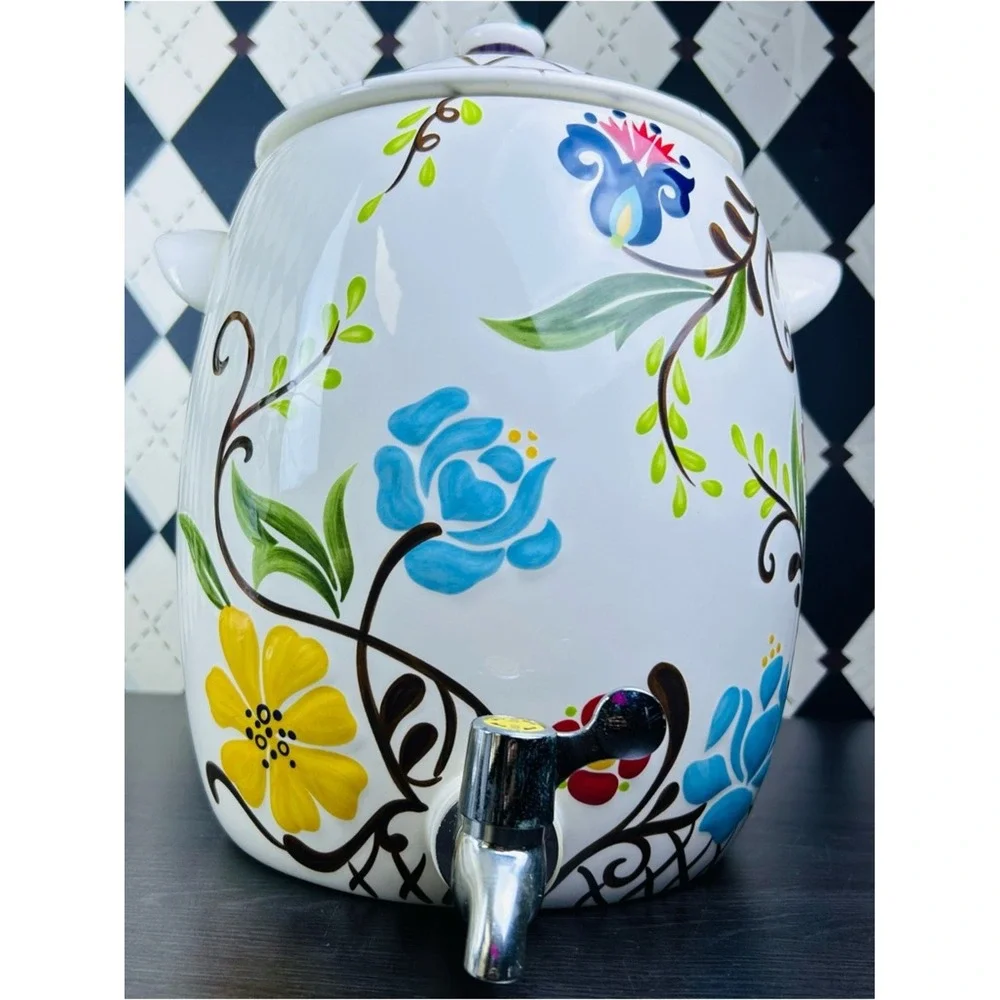 Oversized Floral Drink Dispenser 2 Gallon Ceramic Jardine‎ Drink Server & Lid